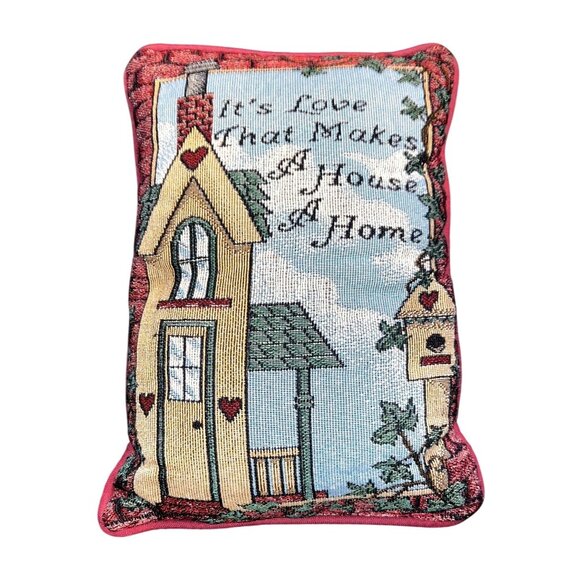 Vtg Tapestry Throw Pillow Birdhouse Hearts Cottagecore 11" x 8" - Picture 1 of 6